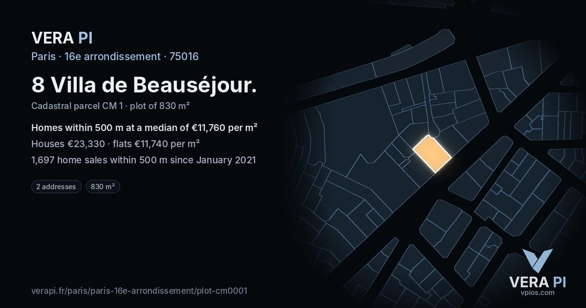 8 Villa de Beauséjour, 16e arrondissement at night – the plot lit, the parcels around coloured by the prices near them