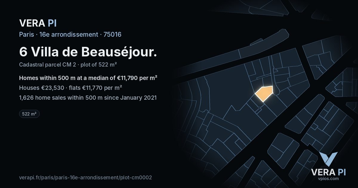 6 Villa de Beauséjour, 16e arrondissement at night – the plot lit, the parcels around coloured by the prices near them