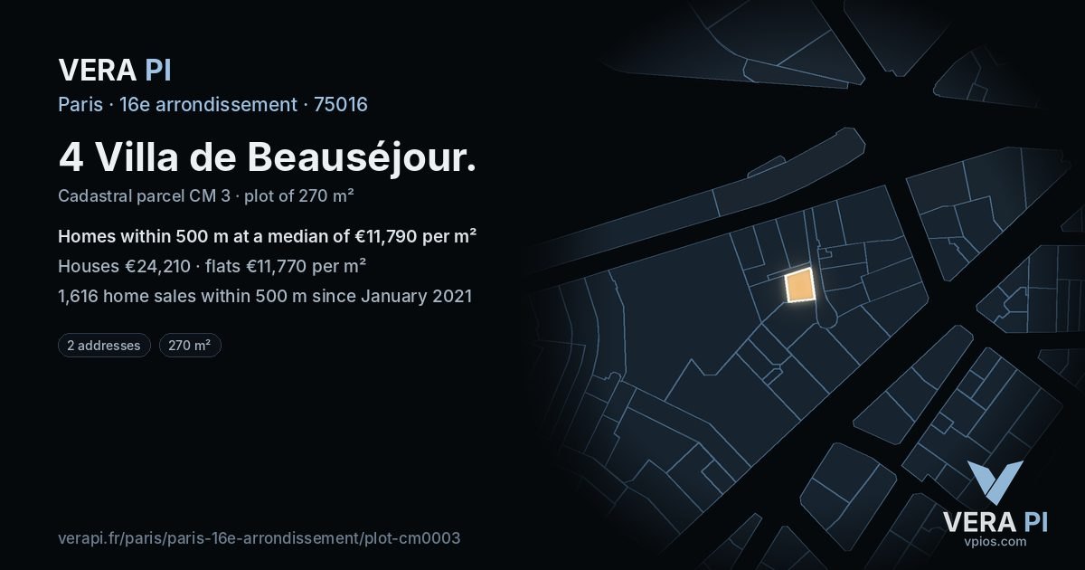 4 Villa de Beauséjour, 16e arrondissement at night – the plot lit, the parcels around coloured by the prices near them