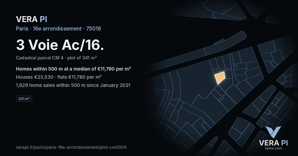 3 Voie Ac/16, 16e arrondissement at night – the plot lit, the parcels around coloured by the prices near them
