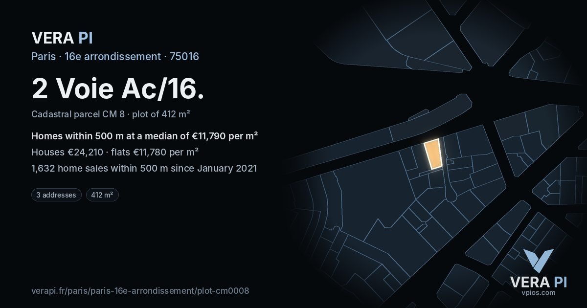 2 Voie Ac/16, 16e arrondissement at night – the plot lit, the parcels around coloured by the prices near them