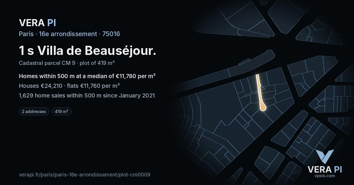 1 s Villa de Beauséjour, 16e arrondissement at night – the plot lit, the parcels around coloured by the prices near them