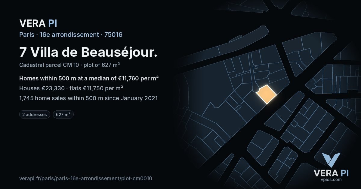 7 Villa de Beauséjour, 16e arrondissement at night – the plot lit, the parcels around coloured by the prices near them