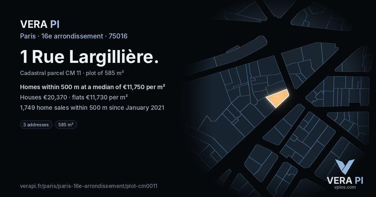 1 Rue Largillière, 16e arrondissement at night – the plot lit, the parcels around coloured by the prices near them