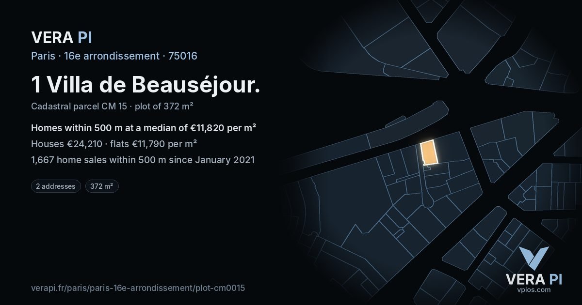1 Villa de Beauséjour, 16e arrondissement at night – the plot lit, the parcels around coloured by the prices near them