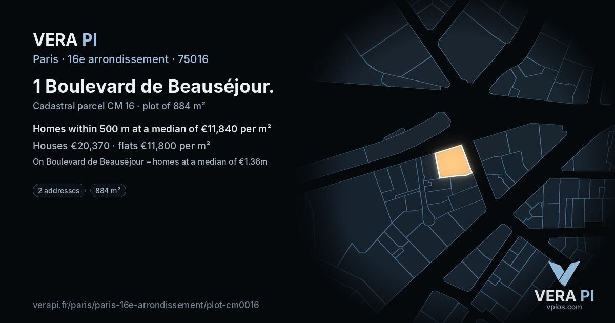 1 Boulevard de Beauséjour, 16e arrondissement at night – the plot lit, the parcels around coloured by the prices near them