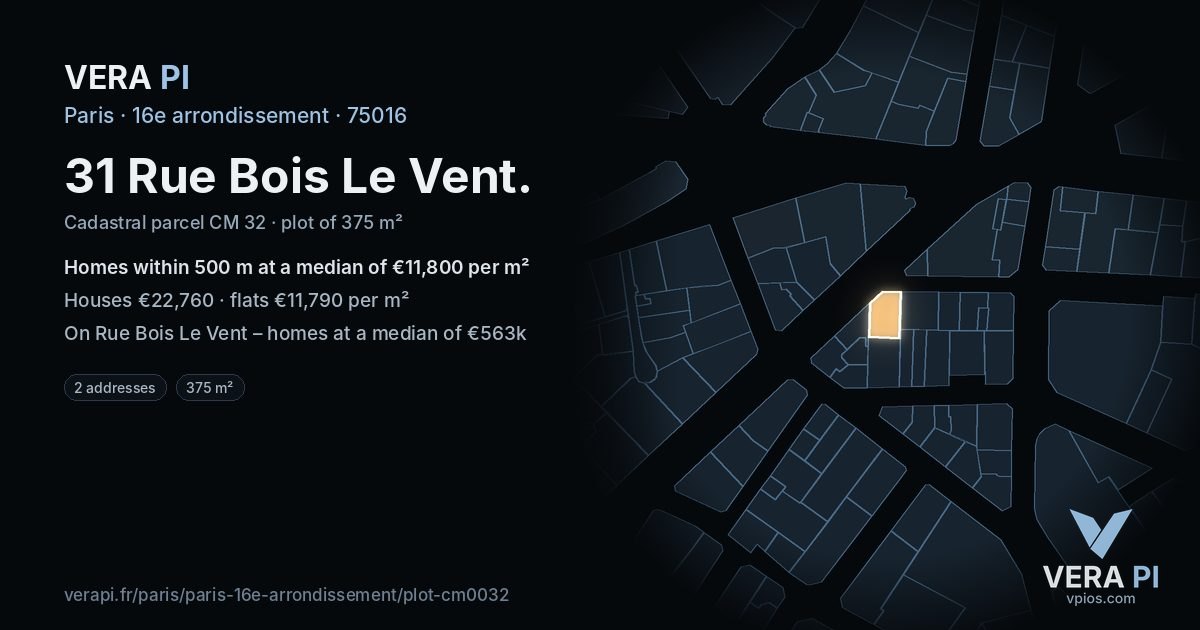 31 Rue Bois Le Vent, 16e arrondissement at night – the plot lit, the parcels around coloured by the prices near them