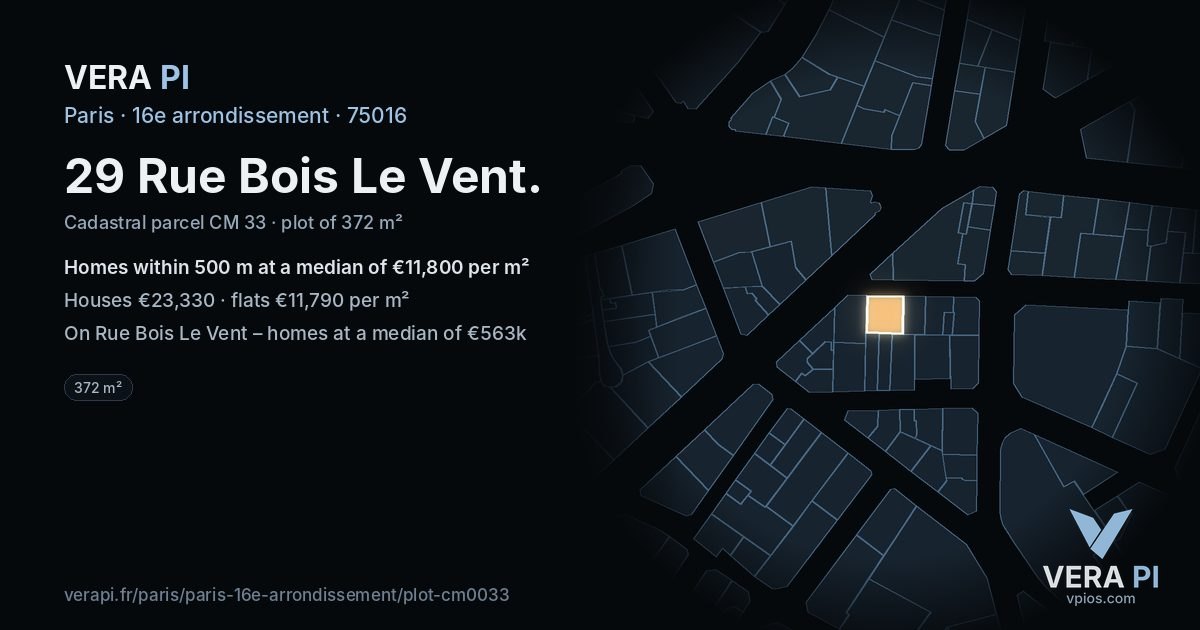 29 Rue Bois Le Vent, 16e arrondissement at night – the plot lit, the parcels around coloured by the prices near them