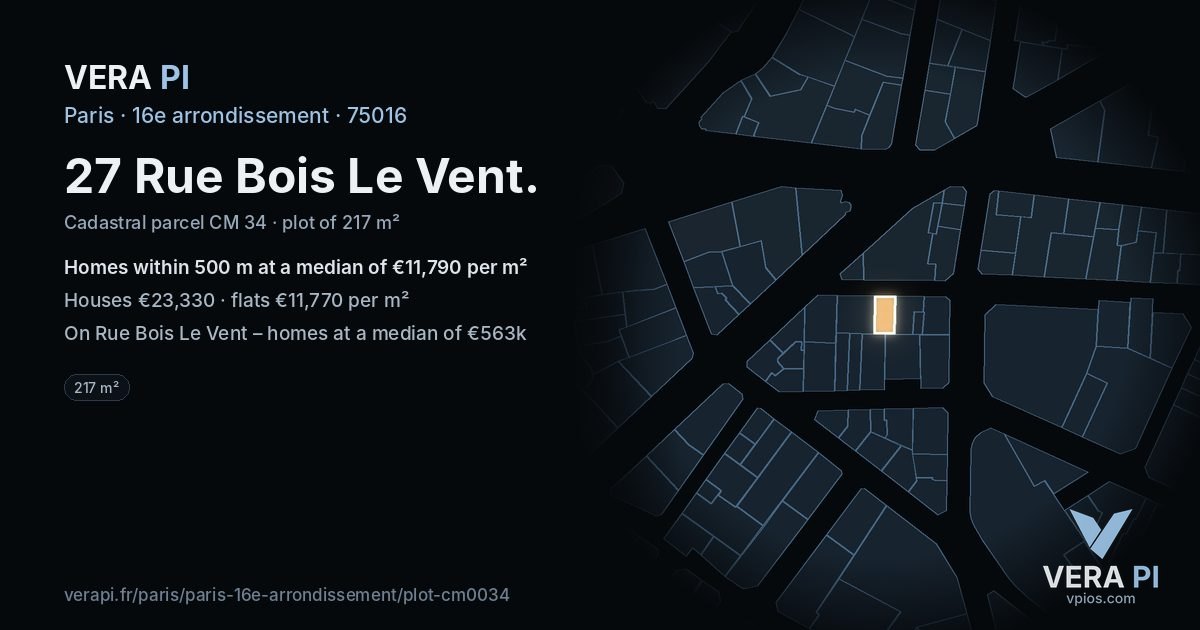 27 Rue Bois Le Vent, 16e arrondissement at night – the plot lit, the parcels around coloured by the prices near them