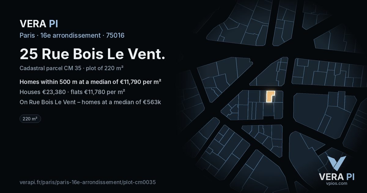 25 Rue Bois Le Vent, 16e arrondissement at night – the plot lit, the parcels around coloured by the prices near them