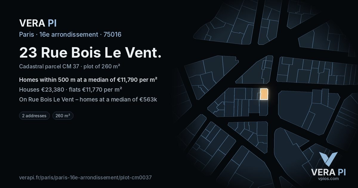 23 Rue Bois Le Vent, 16e arrondissement at night – the plot lit, the parcels around coloured by the prices near them