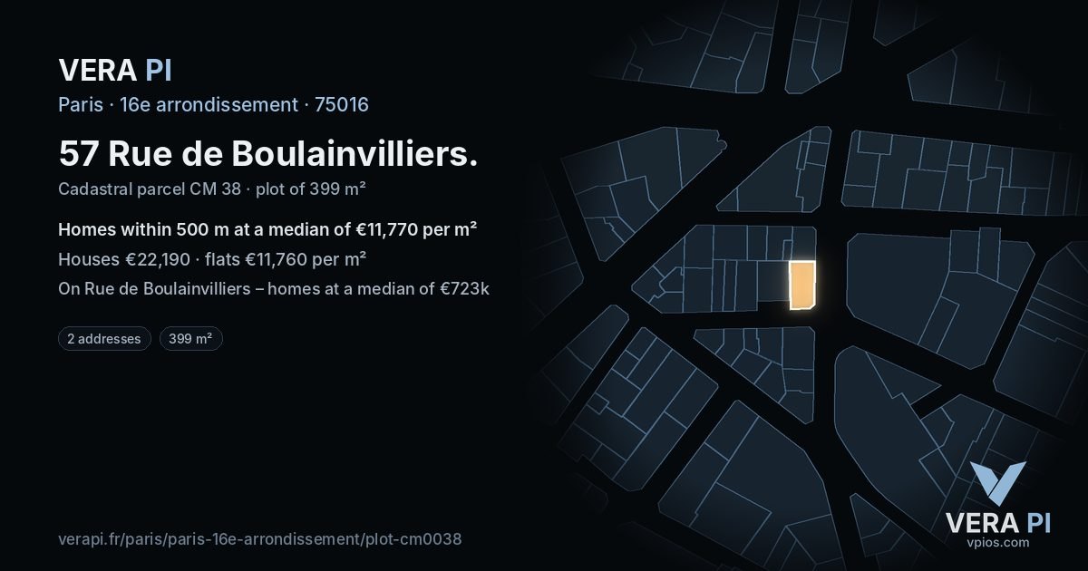 57 Rue de Boulainvilliers, 16e arrondissement at night – the plot lit, the parcels around coloured by the prices near them