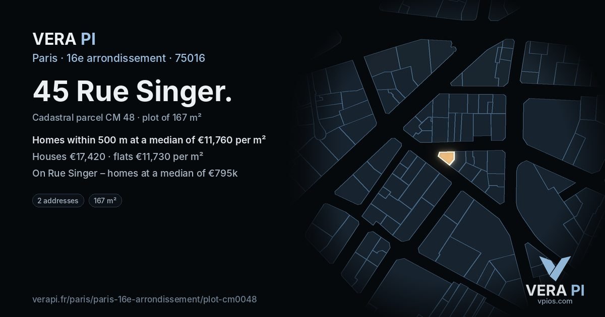 45 Rue Singer, 16e arrondissement at night – the plot lit, the parcels around coloured by the prices near them