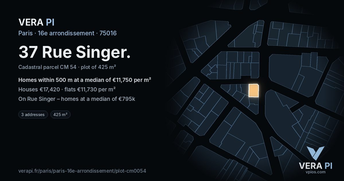 37 Rue Singer, 16e arrondissement at night – the plot lit, the parcels around coloured by the prices near them