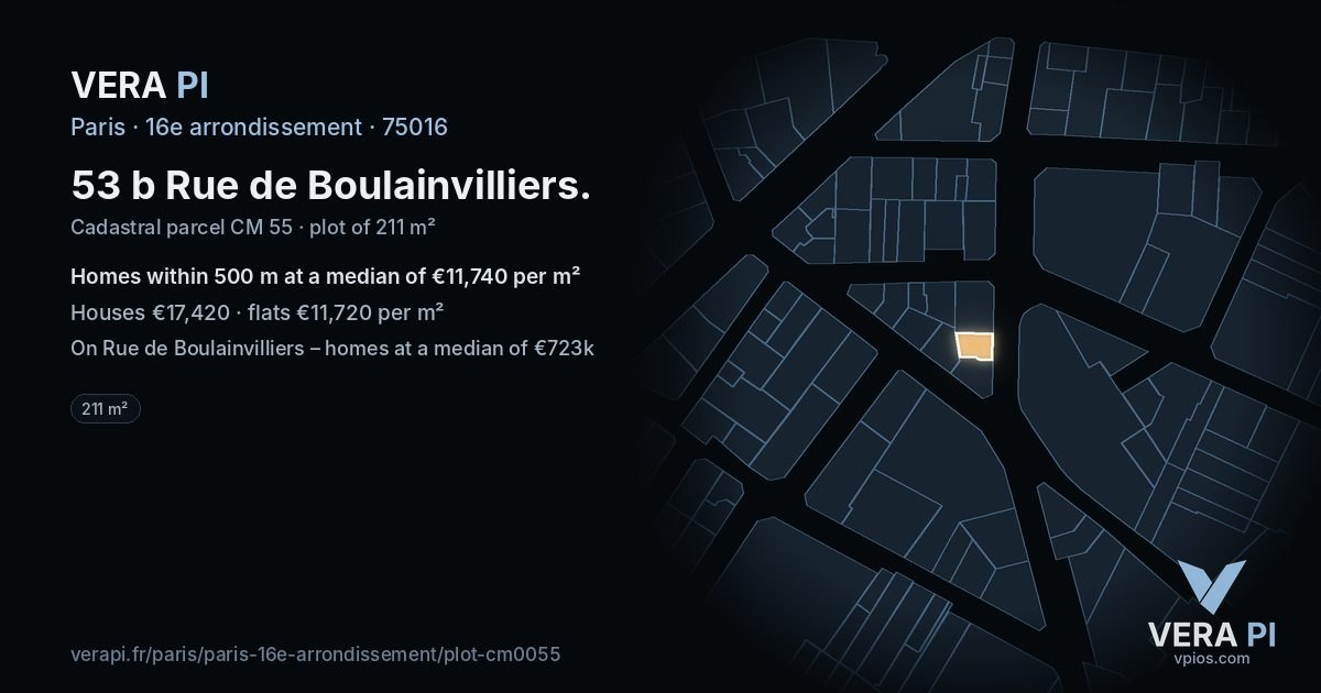 53 b Rue de Boulainvilliers, 16e arrondissement at night – the plot lit, the parcels around coloured by the prices near them