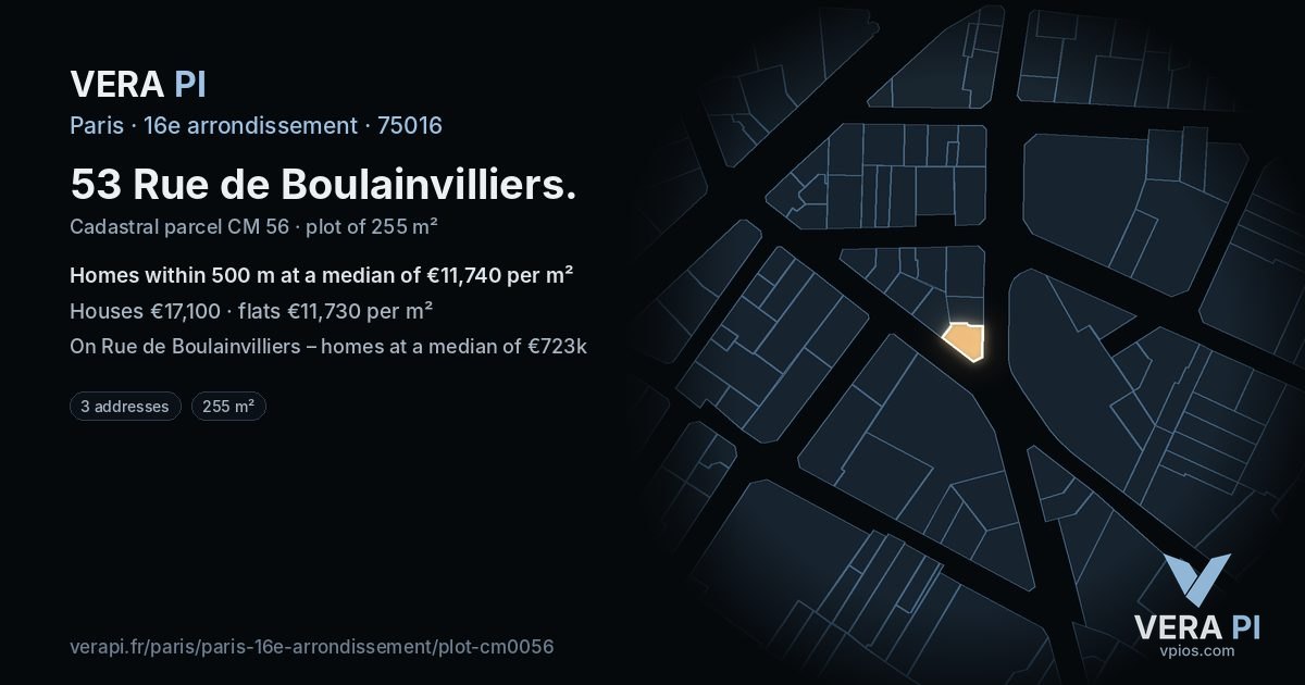 53 Rue de Boulainvilliers, 16e arrondissement at night – the plot lit, the parcels around coloured by the prices near them