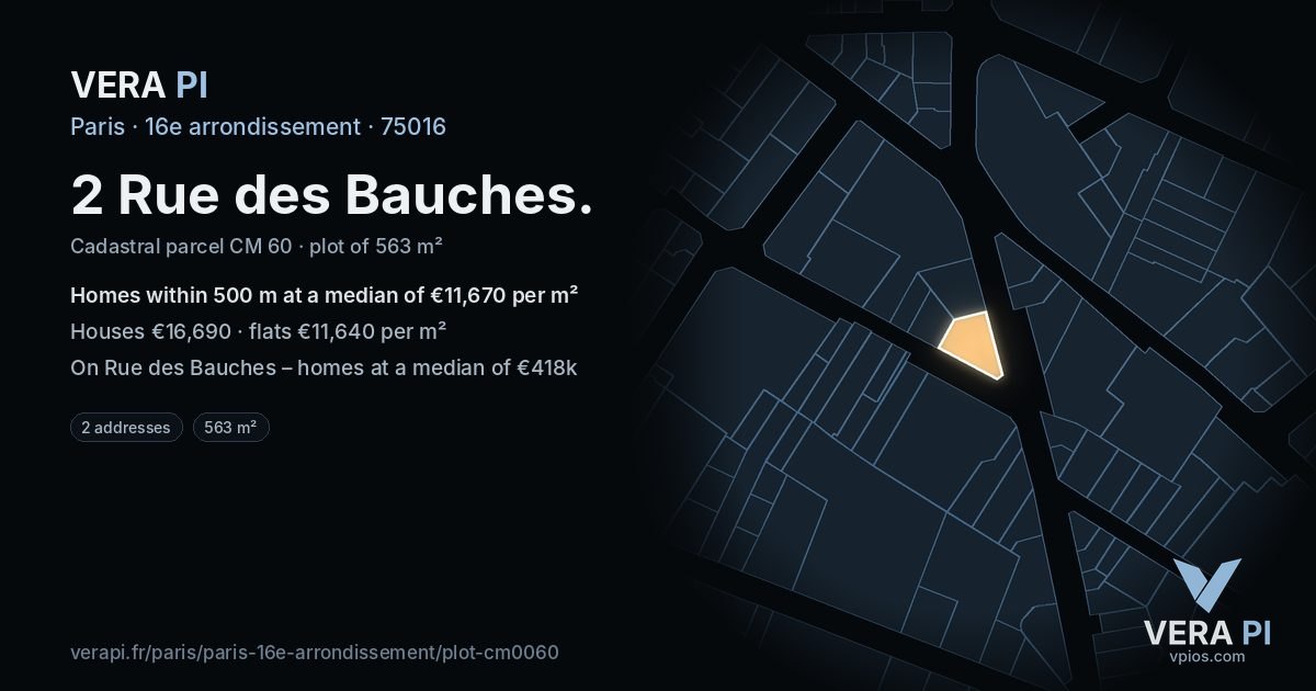 2 Rue des Bauches, 16e arrondissement at night – the plot lit, the parcels around coloured by the prices near them
