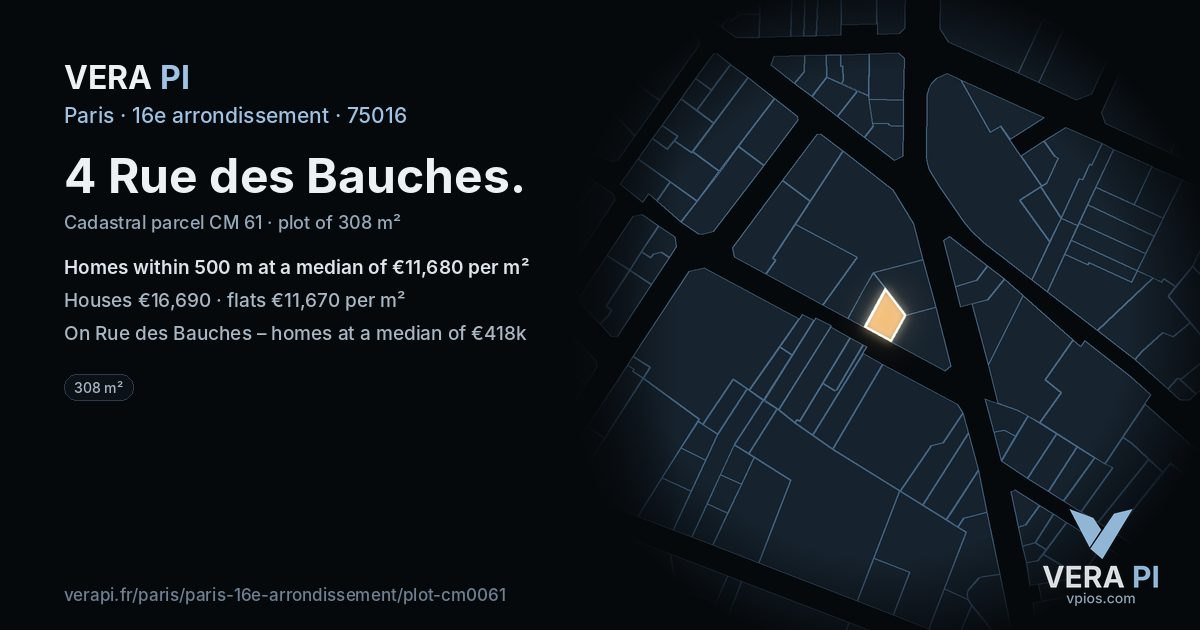 4 Rue des Bauches, 16e arrondissement at night – the plot lit, the parcels around coloured by the prices near them