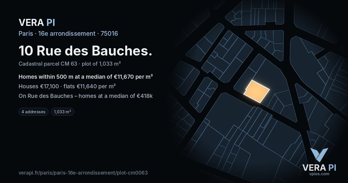 10 Rue des Bauches, 16e arrondissement at night – the plot lit, the parcels around coloured by the prices near them