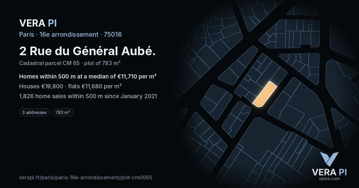 2 Rue du Général Aubé, 16e arrondissement at night – the plot lit, the parcels around coloured by the prices near them