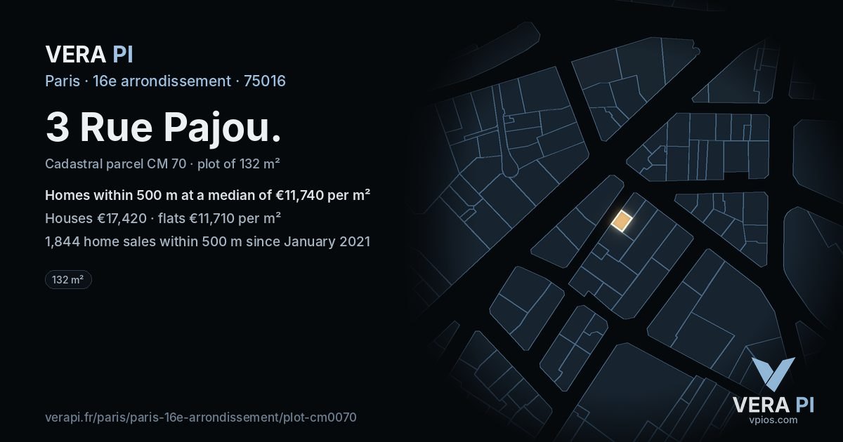 3 Rue Pajou, 16e arrondissement at night – the plot lit, the parcels around coloured by the prices near them