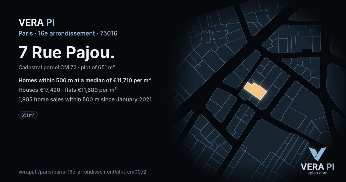 7 Rue Pajou, 16e arrondissement at night – the plot lit, the parcels around coloured by the prices near them