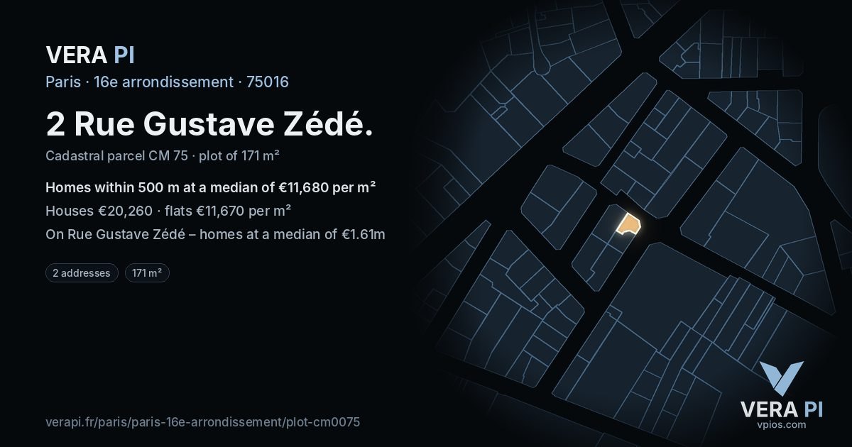 2 Rue Gustave Zédé, 16e arrondissement at night – the plot lit, the parcels around coloured by the prices near them