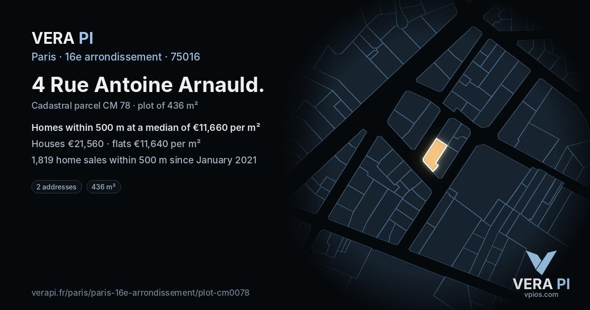 4 Rue Antoine Arnauld, 16e arrondissement at night – the plot lit, the parcels around coloured by the prices near them