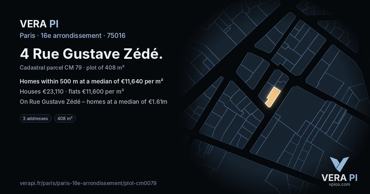 4 Rue Gustave Zédé, 16e arrondissement at night – the plot lit, the parcels around coloured by the prices near them