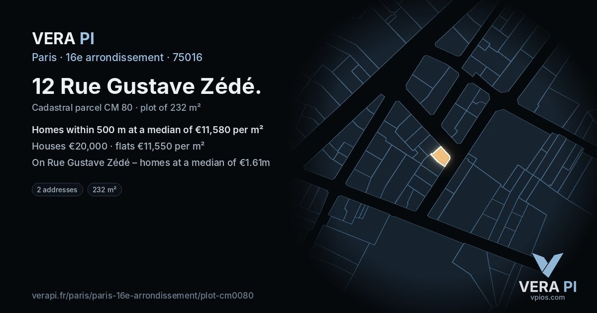 12 Rue Gustave Zédé, 16e arrondissement at night – the plot lit, the parcels around coloured by the prices near them