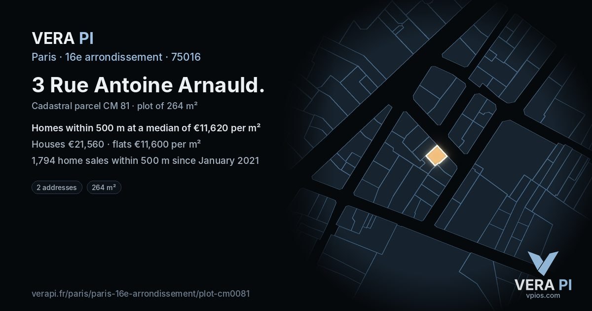 3 Rue Antoine Arnauld, 16e arrondissement at night – the plot lit, the parcels around coloured by the prices near them
