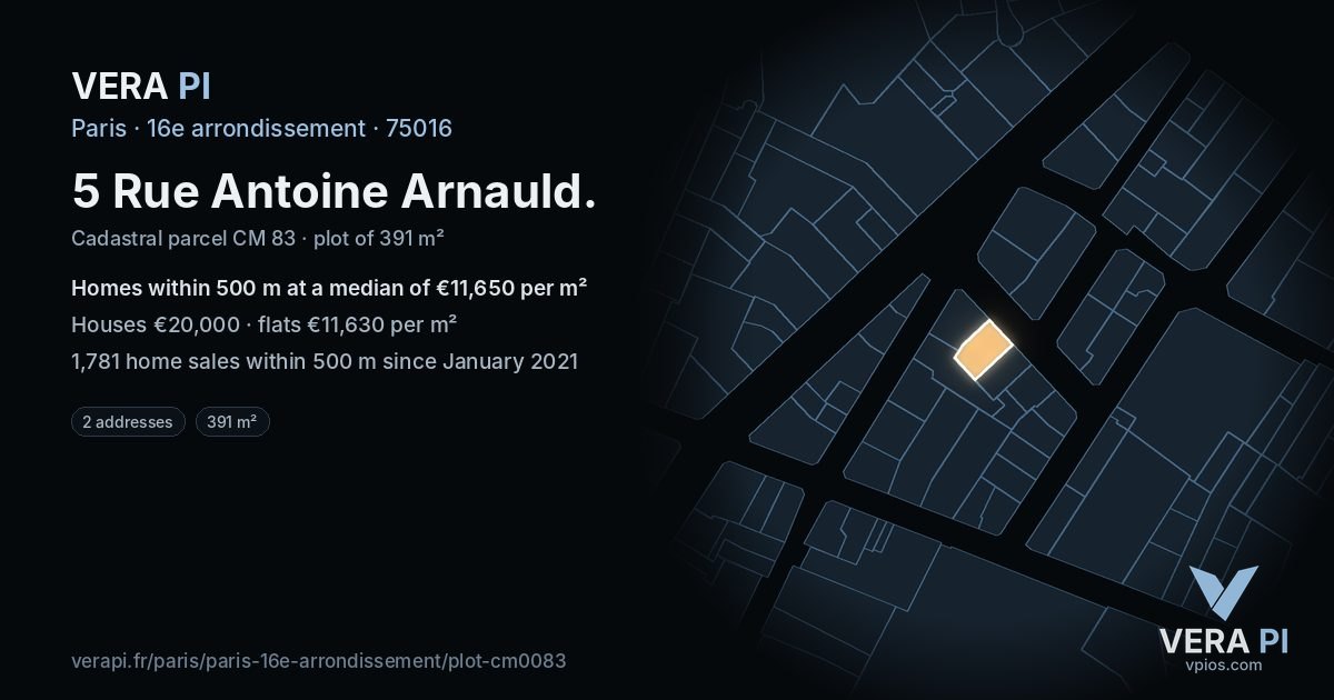 5 Rue Antoine Arnauld, 16e arrondissement at night – the plot lit, the parcels around coloured by the prices near them