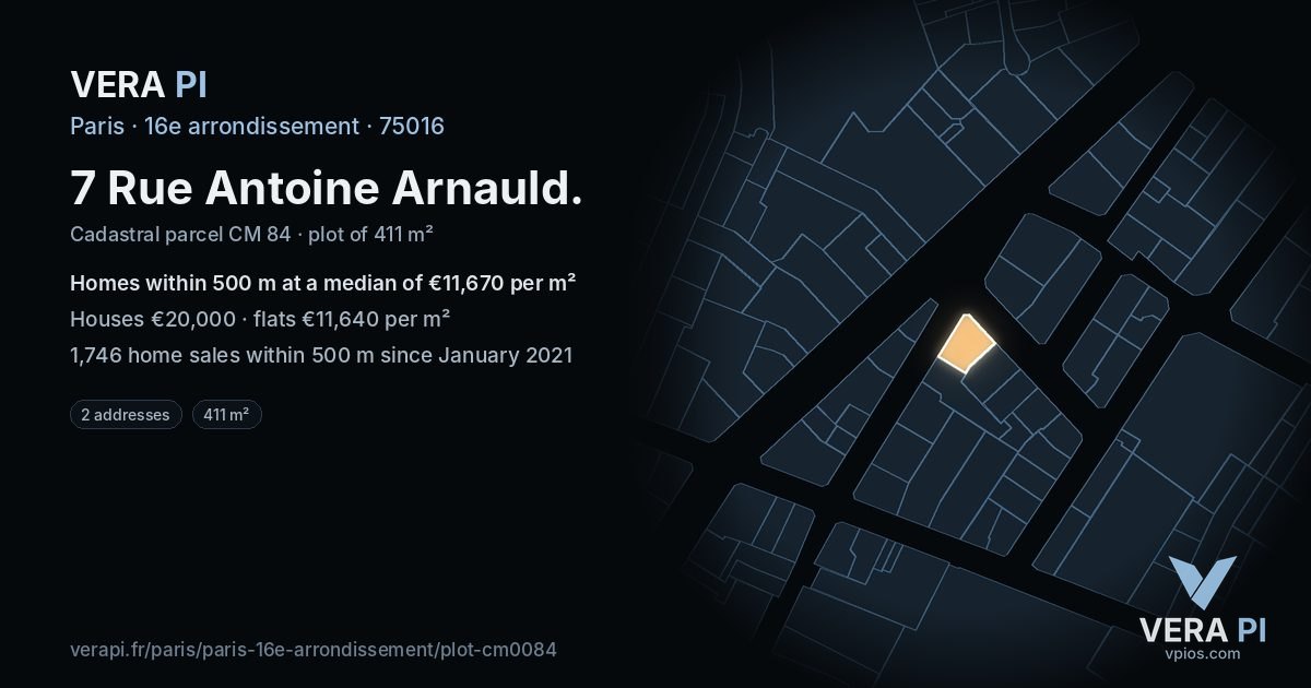 7 Rue Antoine Arnauld, 16e arrondissement at night – the plot lit, the parcels around coloured by the prices near them