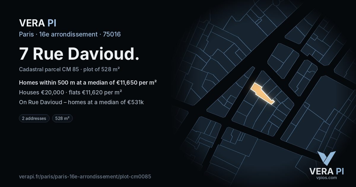 7 Rue Davioud, 16e arrondissement at night – the plot lit, the parcels around coloured by the prices near them