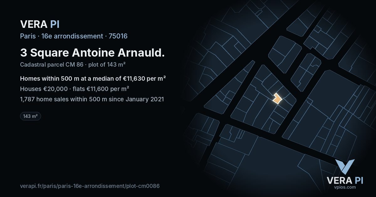 3 Square Antoine Arnauld, 16e arrondissement at night – the plot lit, the parcels around coloured by the prices near them