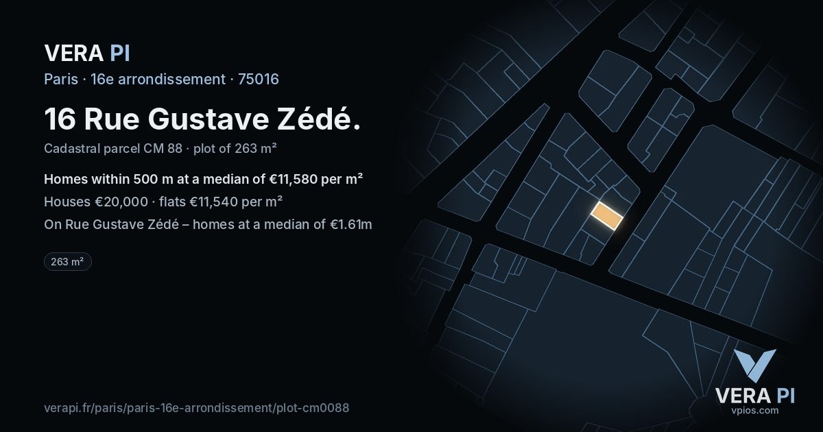 16 Rue Gustave Zédé, 16e arrondissement at night – the plot lit, the parcels around coloured by the prices near them