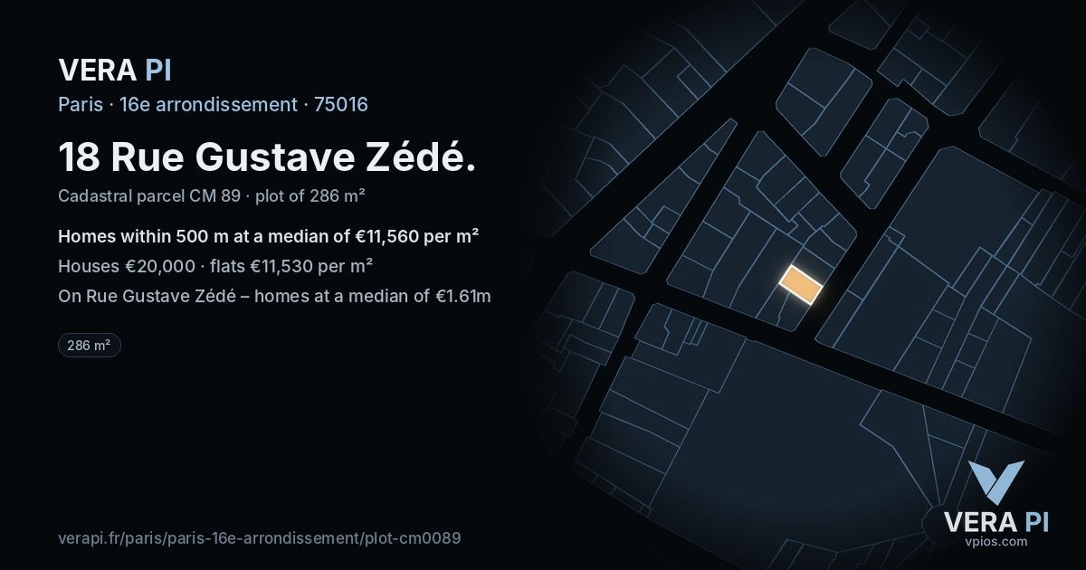 18 Rue Gustave Zédé, 16e arrondissement at night – the plot lit, the parcels around coloured by the prices near them