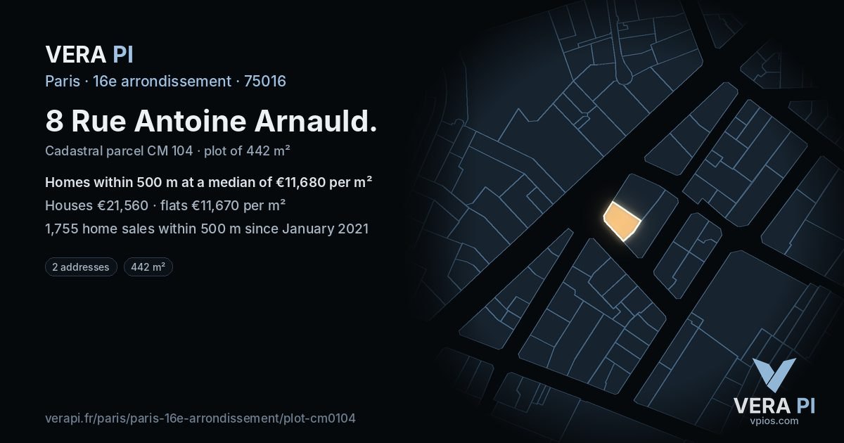 8 Rue Antoine Arnauld, 16e arrondissement at night – the plot lit, the parcels around coloured by the prices near them