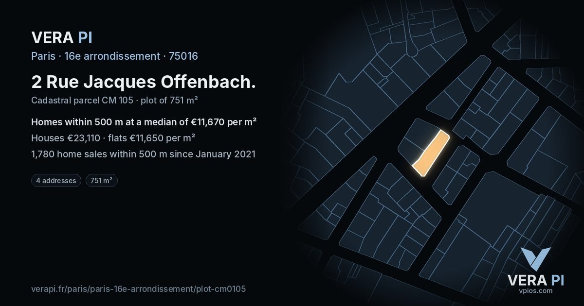 2 Rue Jacques Offenbach, 16e arrondissement at night – the plot lit, the parcels around coloured by the prices near them