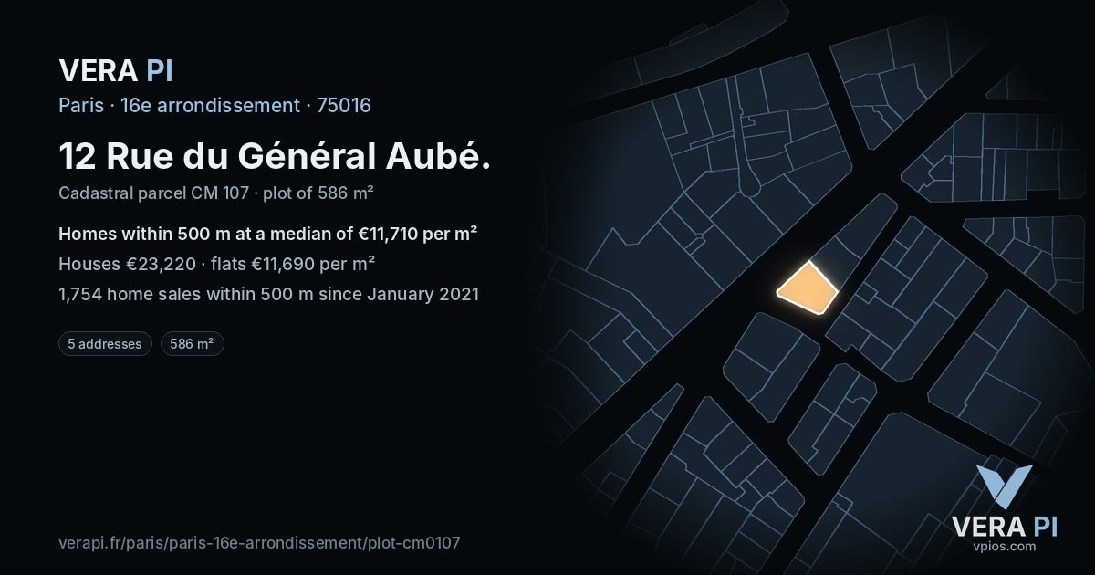12 Rue du Général Aubé, 16e arrondissement at night – the plot lit, the parcels around coloured by the prices near them