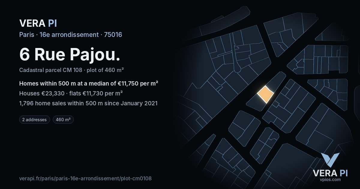 6 Rue Pajou, 16e arrondissement at night – the plot lit, the parcels around coloured by the prices near them