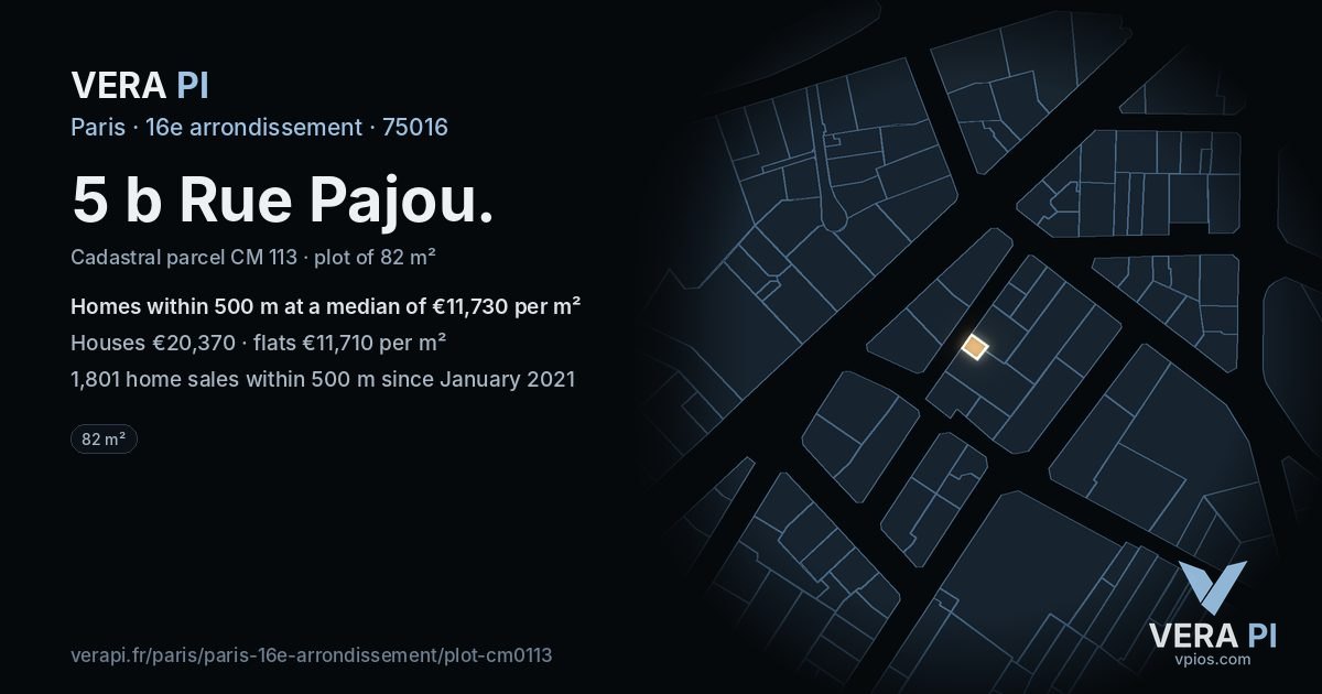 5 b Rue Pajou, 16e arrondissement at night – the plot lit, the parcels around coloured by the prices near them