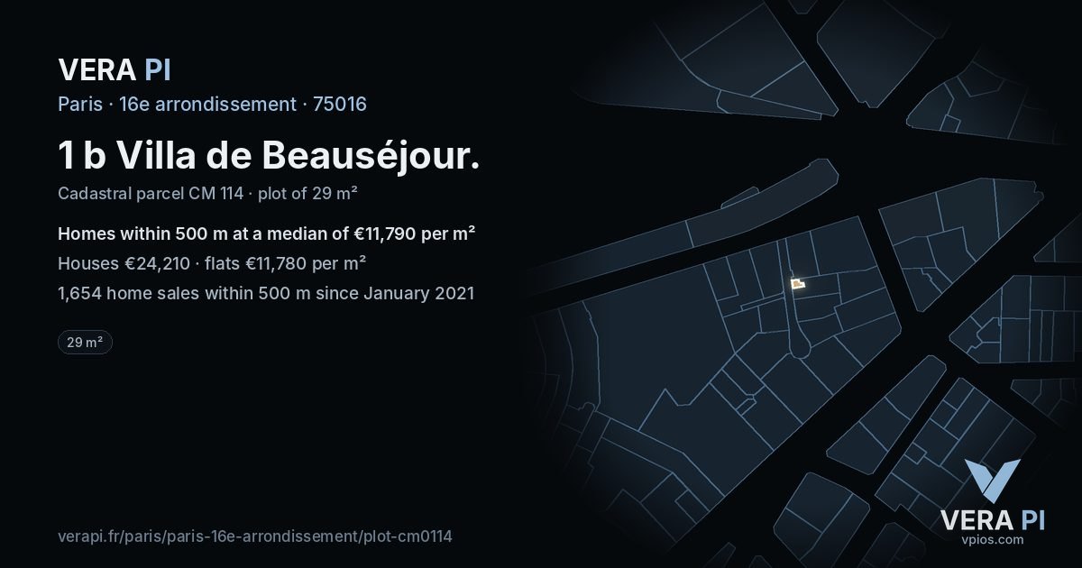 1 b Villa de Beauséjour, 16e arrondissement at night – the plot lit, the parcels around coloured by the prices near them