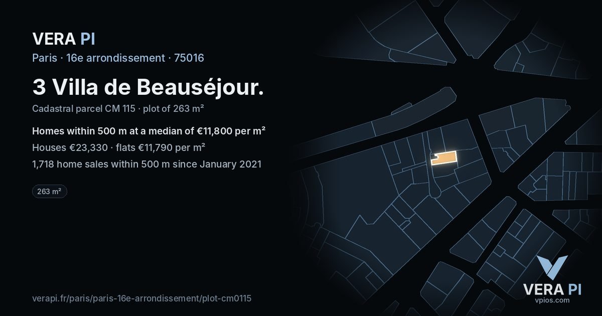 3 Villa de Beauséjour, 16e arrondissement at night – the plot lit, the parcels around coloured by the prices near them