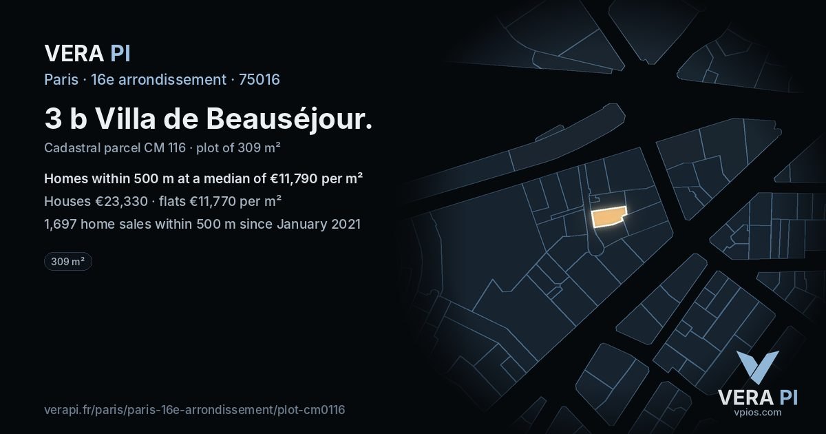 3 b Villa de Beauséjour, 16e arrondissement at night – the plot lit, the parcels around coloured by the prices near them