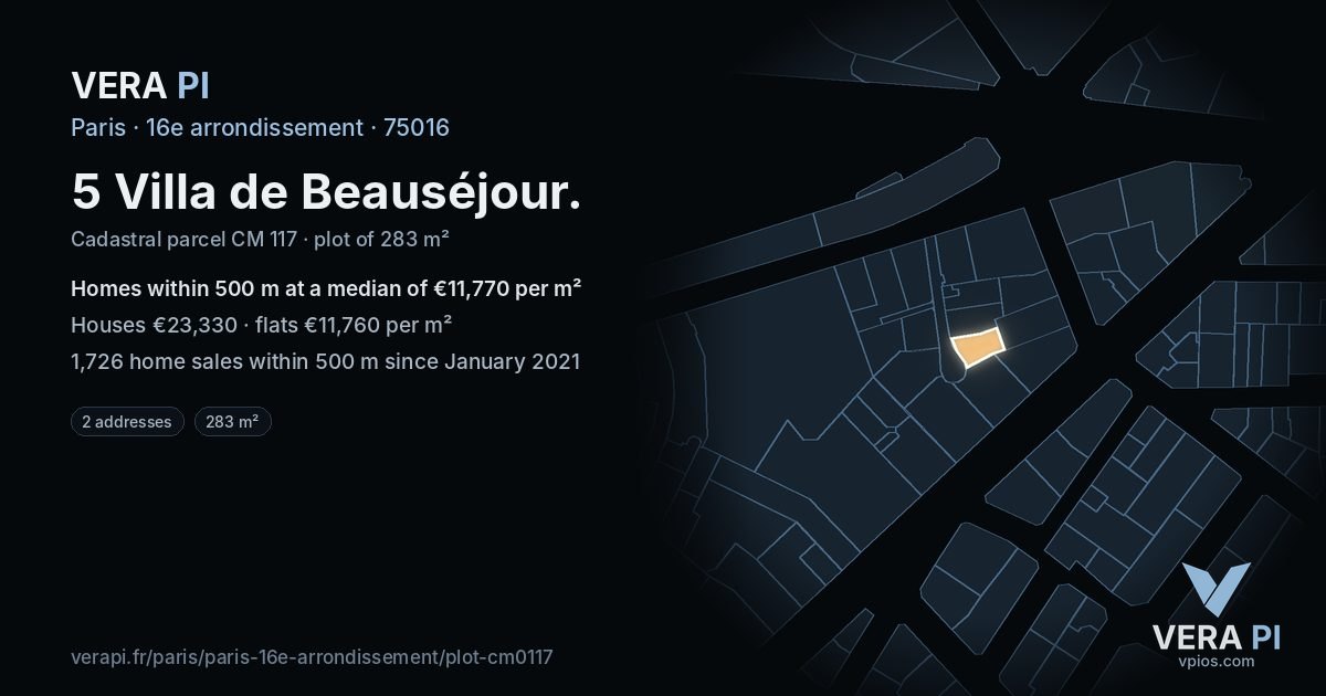5 Villa de Beauséjour, 16e arrondissement at night – the plot lit, the parcels around coloured by the prices near them
