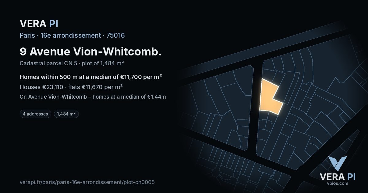 9 Avenue Vion-Whitcomb, 16e arrondissement at night – the plot lit, the parcels around coloured by the prices near them
