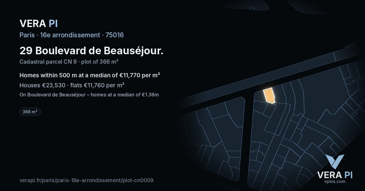 29 Boulevard de Beauséjour, 16e arrondissement at night – the plot lit, the parcels around coloured by the prices near them