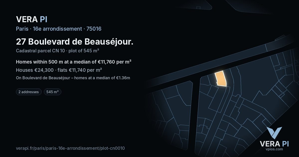 27 Boulevard de Beauséjour, 16e arrondissement at night – the plot lit, the parcels around coloured by the prices near them