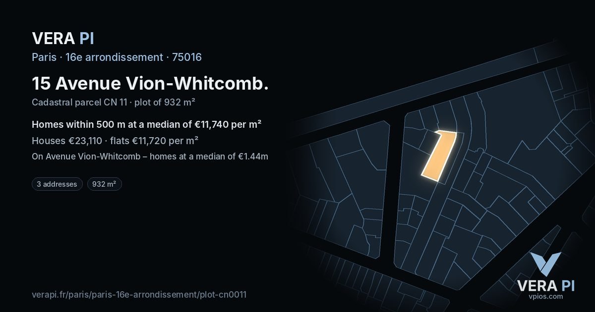 15 Avenue Vion-Whitcomb, 16e arrondissement at night – the plot lit, the parcels around coloured by the prices near them